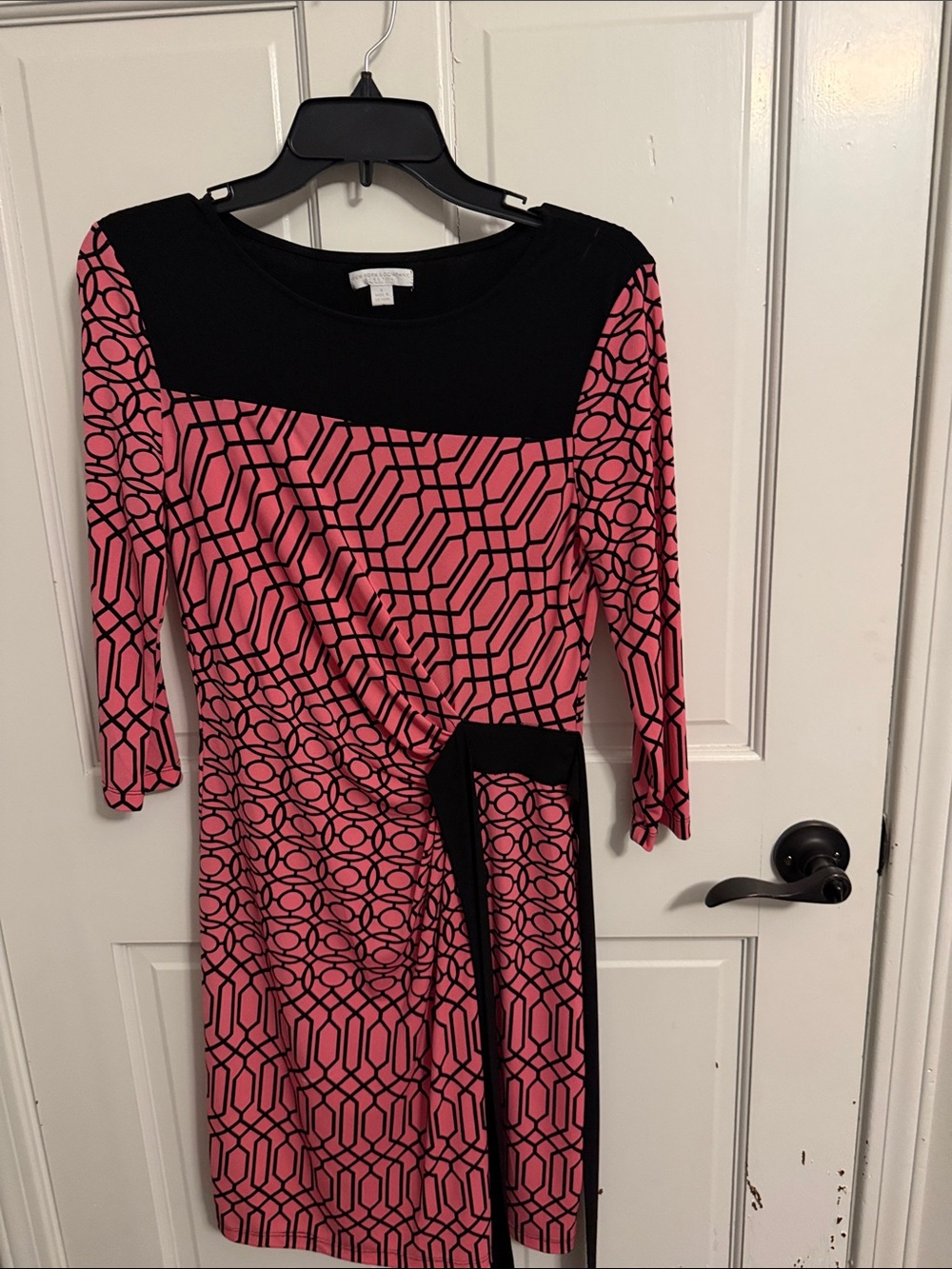 New York & Company Pink and Black Geometric Wrap-Detail Long-Sleeve Dress